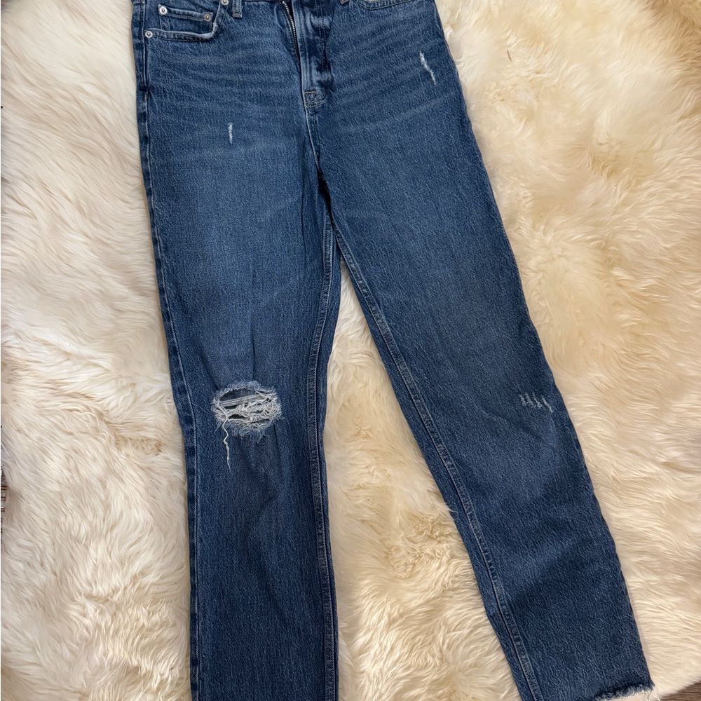 Blue Straight Leg Jeans with Distressed Detail